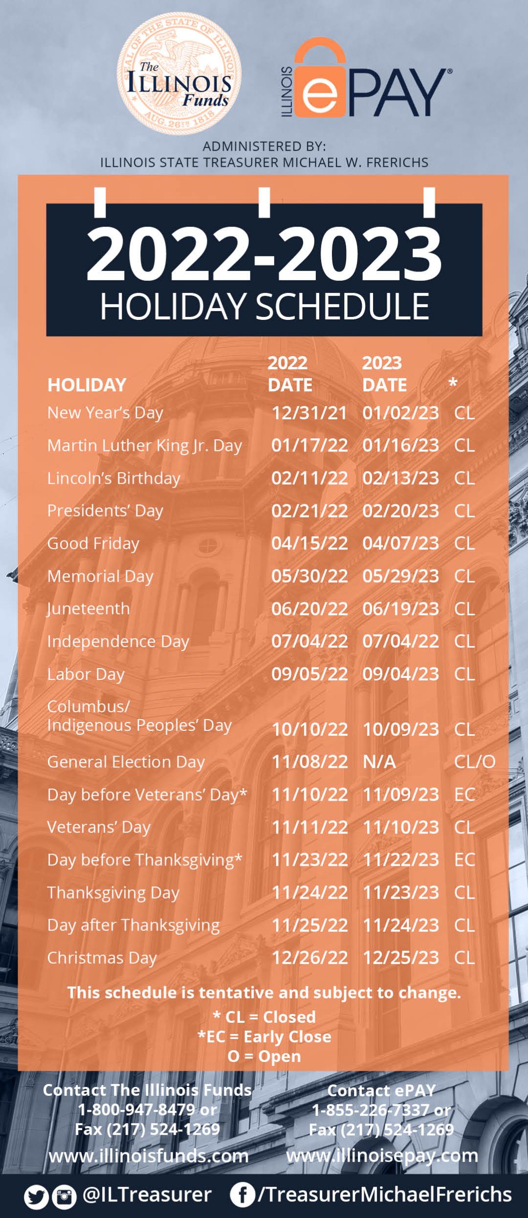 2022-2023 Illinois Funds ePAY Holiday Calendar